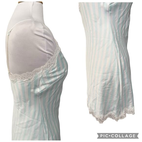 Victorias Secret Mini Slip Dress Chemise Lingerie Blue Stripe Satin Lace Small - Picture 7 of 9